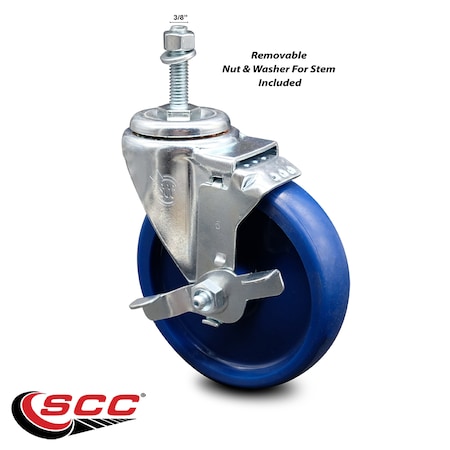 Service Caster 5 Inch Solid Polyurethane Wheel Swivel 3/8 Inch Threaded Stem Caster with Brake SCC-TS20S514-SPUS-TLB-381615
